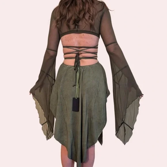 Darker Wavs Dolls Kill ‘ECHO’ Asymmetrical Mesh Dress Dress Green NWT XL - Picture 2 of 11